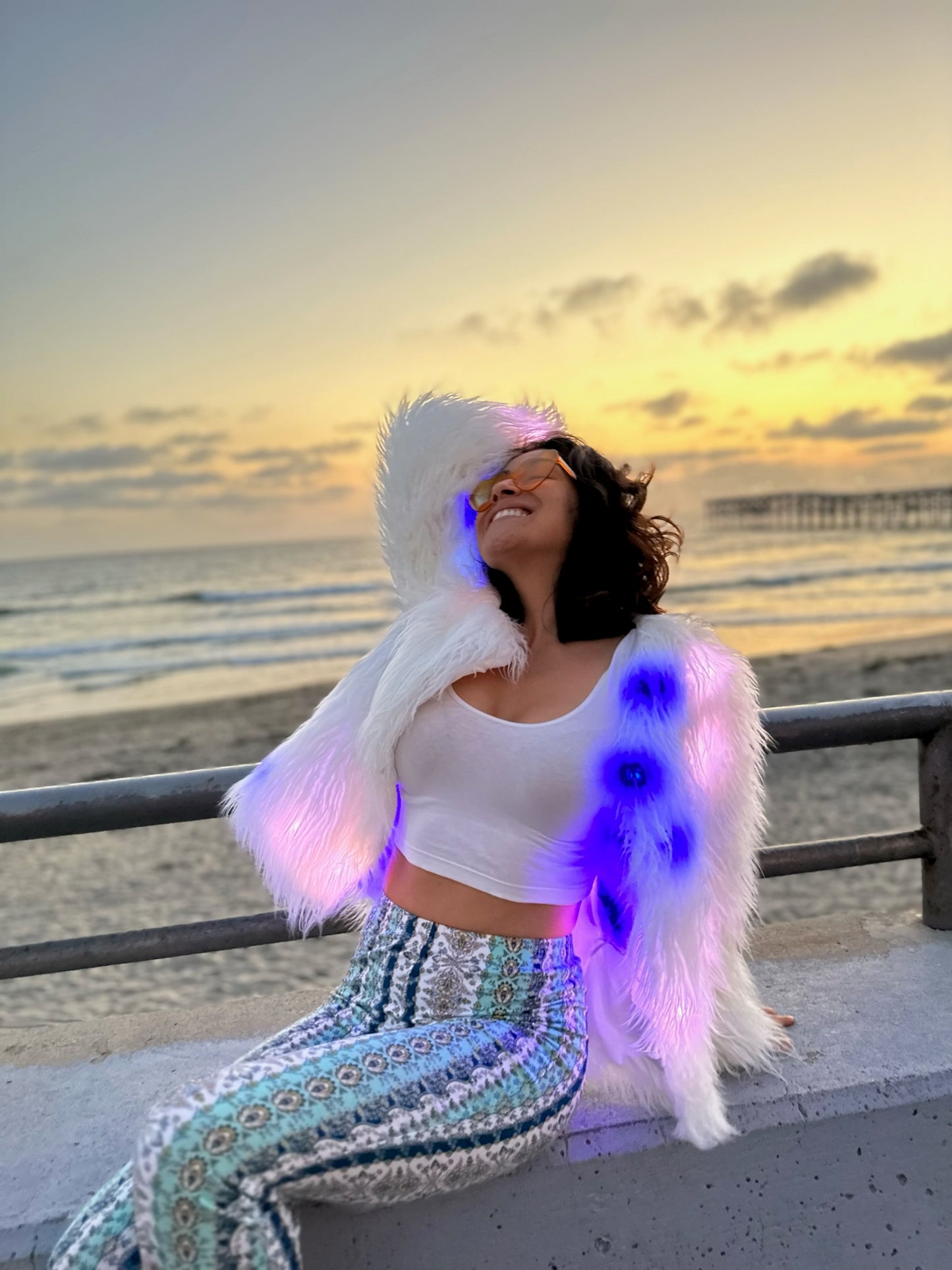 Women’s White Faux Fur Glow Jacket with ,featuring cutting-edge Smart LED Lights