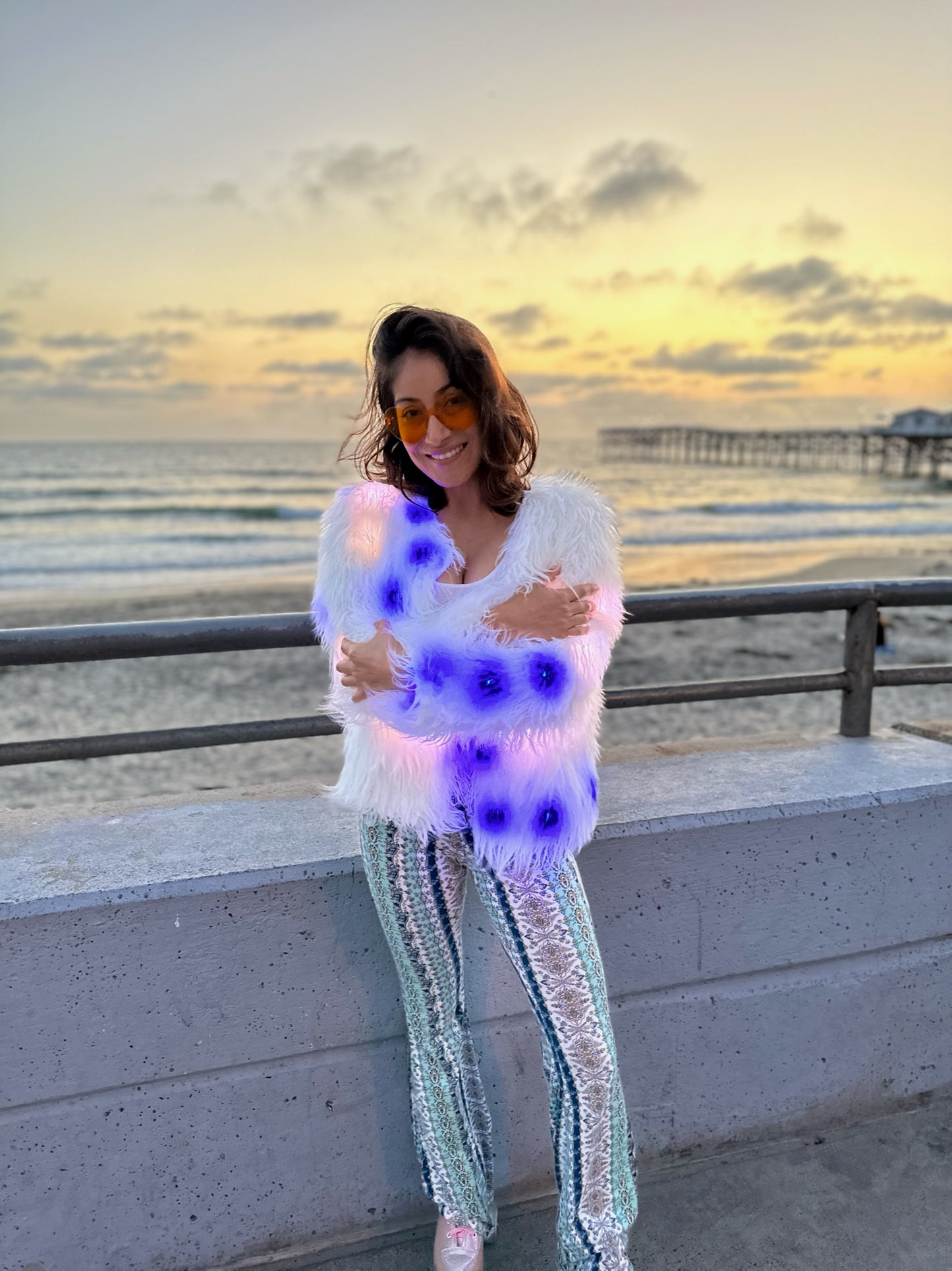 Women’s White Faux Fur Glow Jacket with ,featuring cutting-edge Smart LED Lights