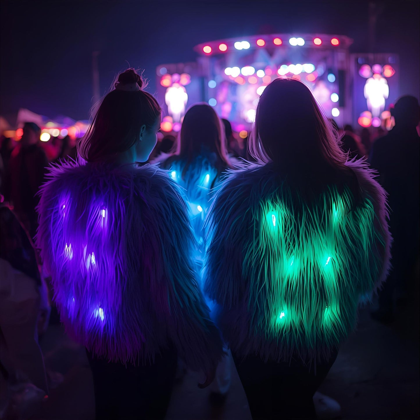 Women’s White Faux Fur Glow Jacket with ,featuring cutting-edge Smart LED Lights