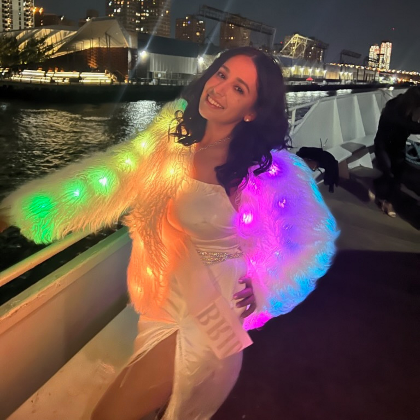 Women’s White Faux Fur Glow Jacket with ,featuring cutting-edge Smart LED Lights