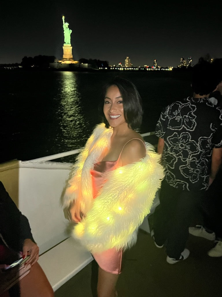 Women’s White Faux Fur Glow Jacket with ,featuring cutting-edge Smart LED Lights