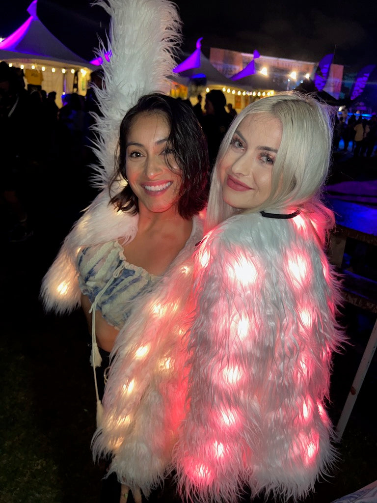 Women’s White Faux Fur Glow Jacket with ,featuring cutting-edge Smart LED Lights
