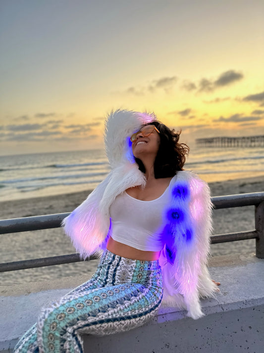 Women’s White Faux Fur  Glow Jacket with ,featuring cutting-edge Smart LED Lights