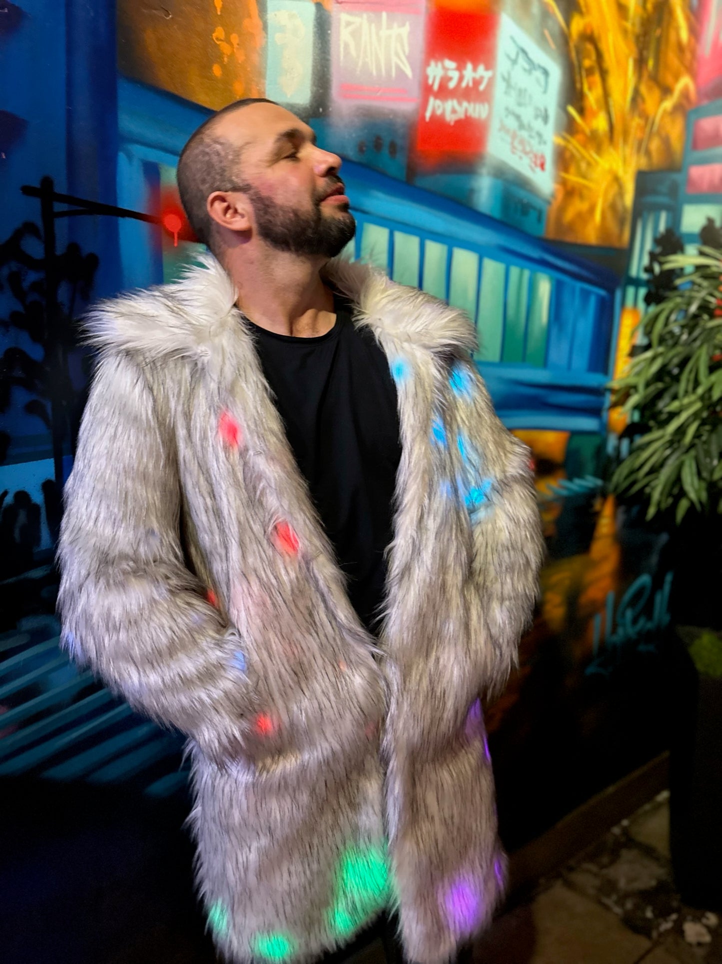 Men’s Faux Fur Glow Coat featuring cutting-edge Smart LED Lights