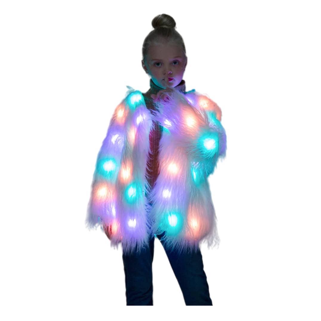 Kids faux fur White Glow Jacket, featuring cutting - edge Smart LED Lights - Glo Getterz - glowing_jackey - faux_fur_coat