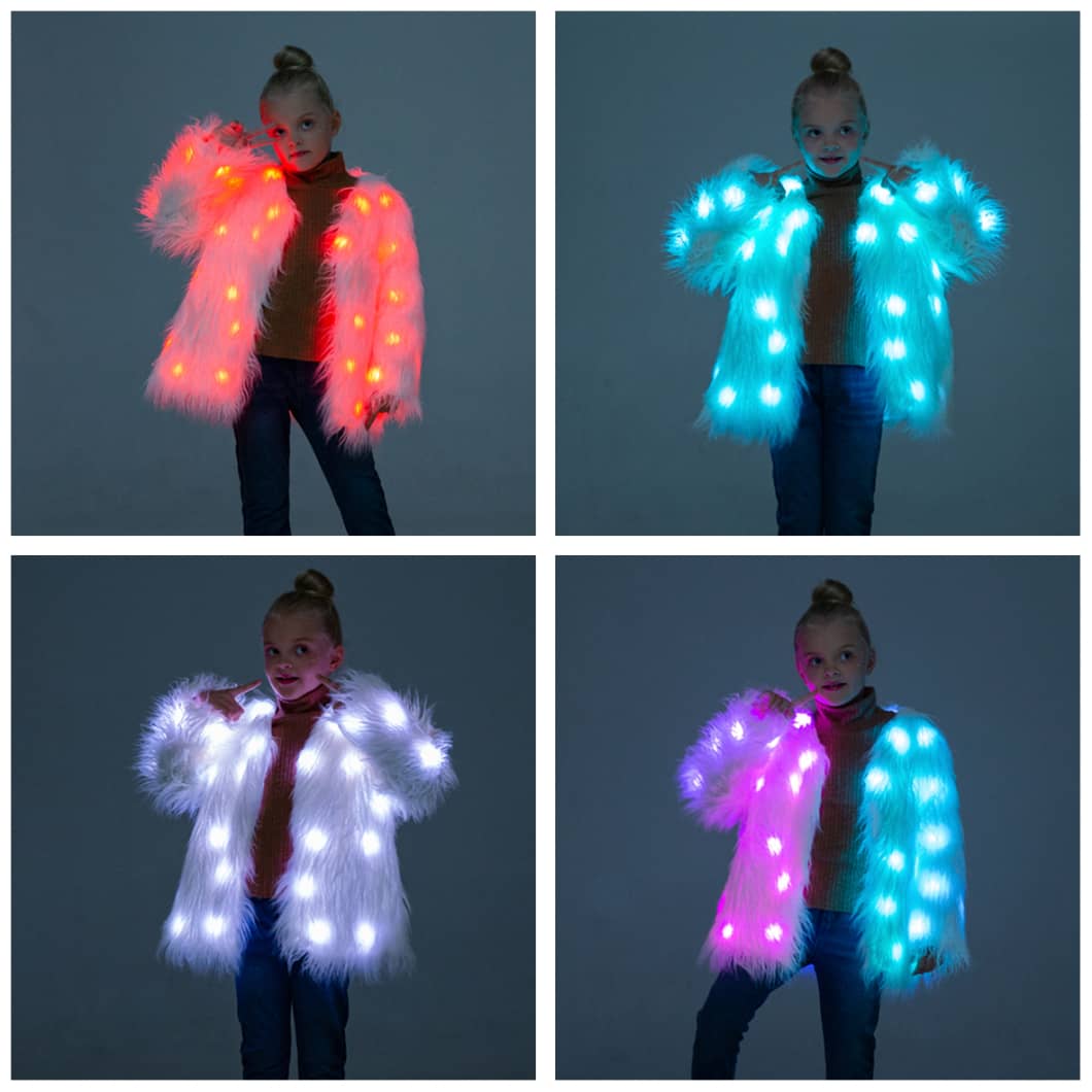 Kids faux fur White Glow Jacket, featuring cutting - edge Smart LED Lights - Glo Getterz - glowing_jackey - faux_fur_coat