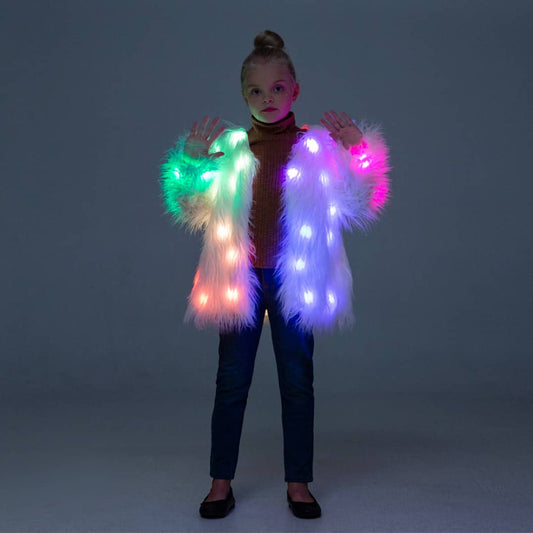 Kids faux fur White Glow Jacket, featuring cutting - edge Smart LED Lights - Glo Getterz - glowing_jackey - faux_fur_coat