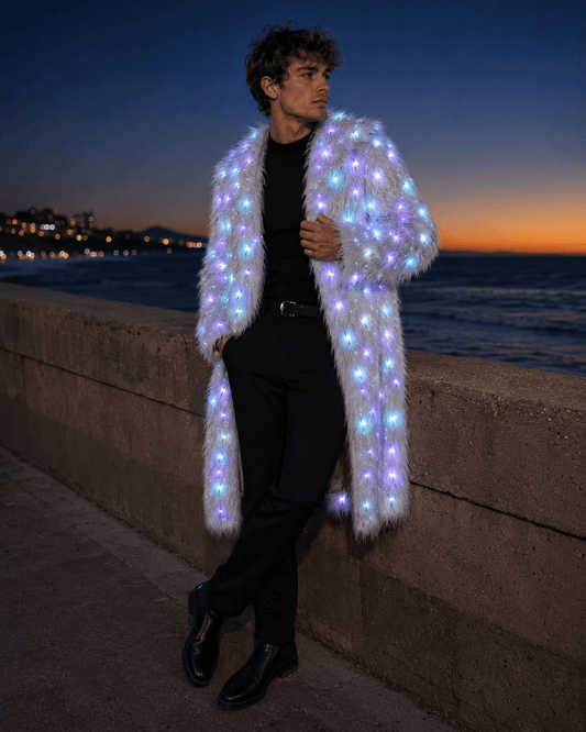 Long Faux Fur LED Jacket – Premium & Exclusive ⚡🕺 - Glo Getterz - glowing_jackey - faux_fur_coat