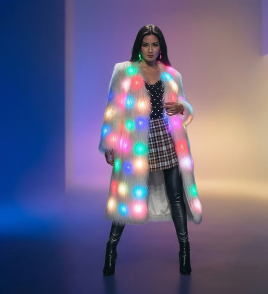 Long Faux Fur LED Jacket – Premium & Exclusive ⚡🕺 - Glo Getterz - glowing_jackey - faux_fur_coat