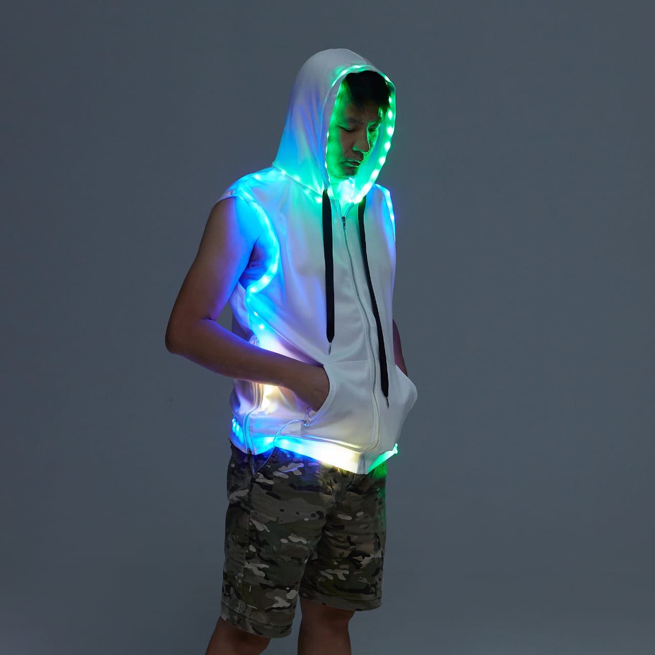 Non - Fur Hooded Vest, featuring cutting - edge Smart LED Lights - Glo Getterz - glowing_jackey - faux_fur_coat