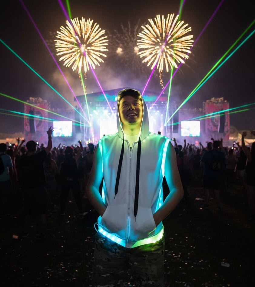 Non - Fur Hooded Vest, featuring cutting - edge Smart LED Lights - Glo Getterz - glowing_jackey - faux_fur_coat