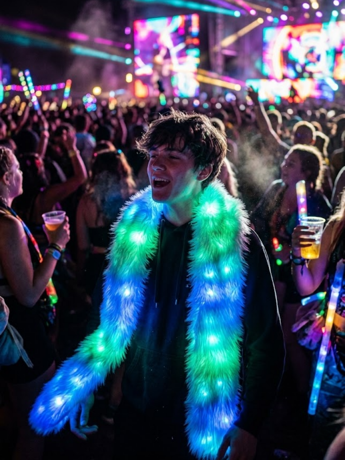 Smart LED Glowing Faux fur Scarf - Glo Getterz - glowing_jackey - faux_fur_coat