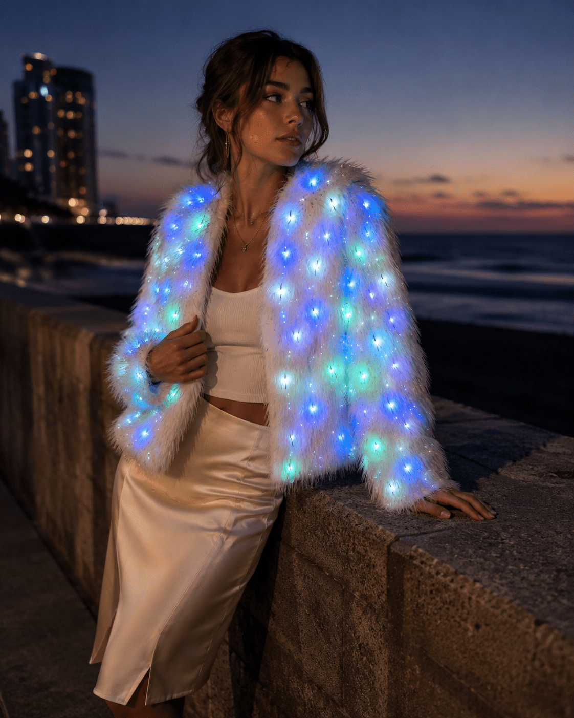 White Faux Fur Glow Jacket with ,featuring cutting - edge Smart LED Lights - Glo Getterz - glowing_jackey - faux_fur_coat