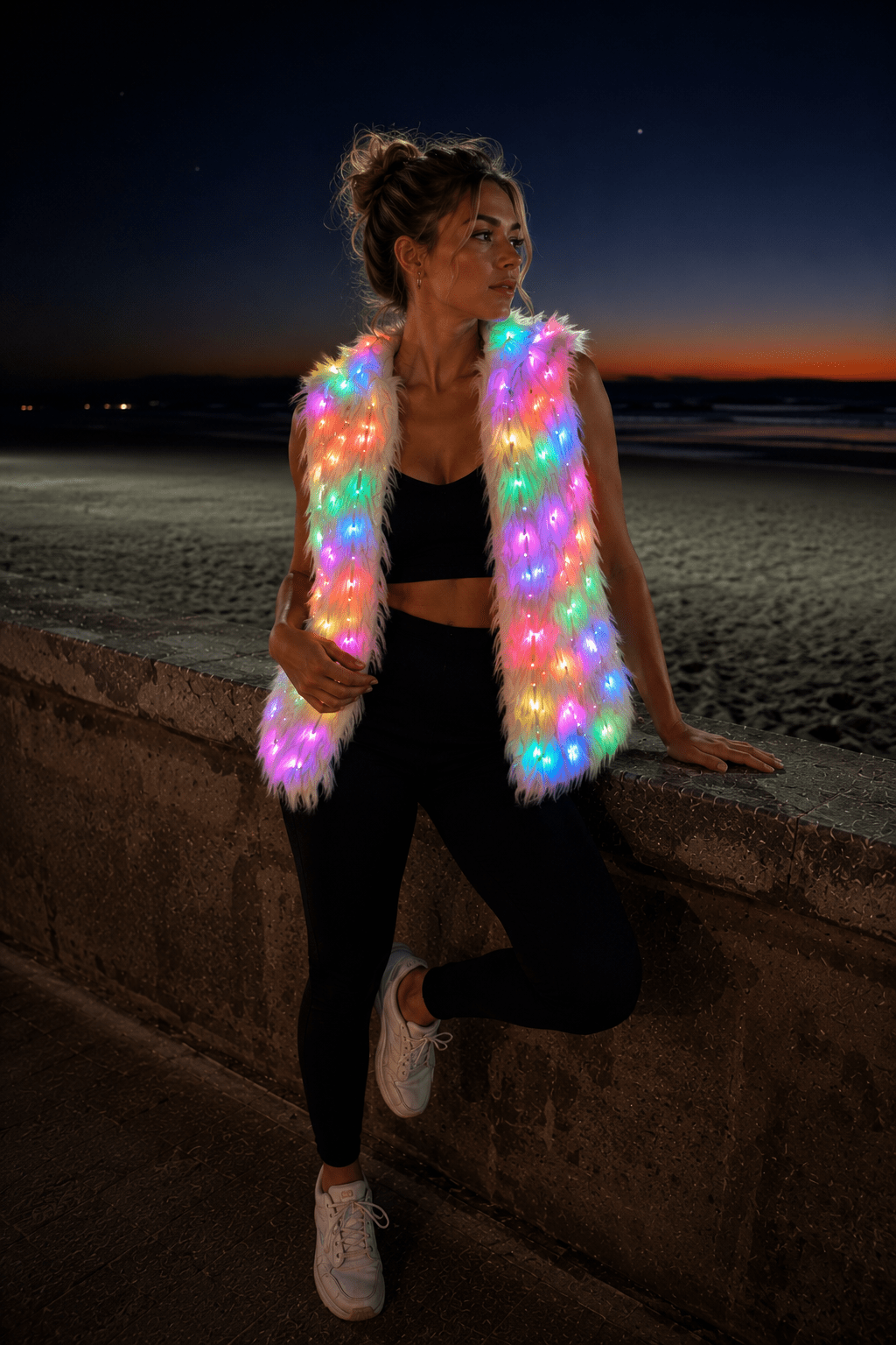 White Faux Fur Glow Vest, featuring cutting - edge Smart LED Lights - Glo Getterz - glowing_jackey - faux_fur_coat