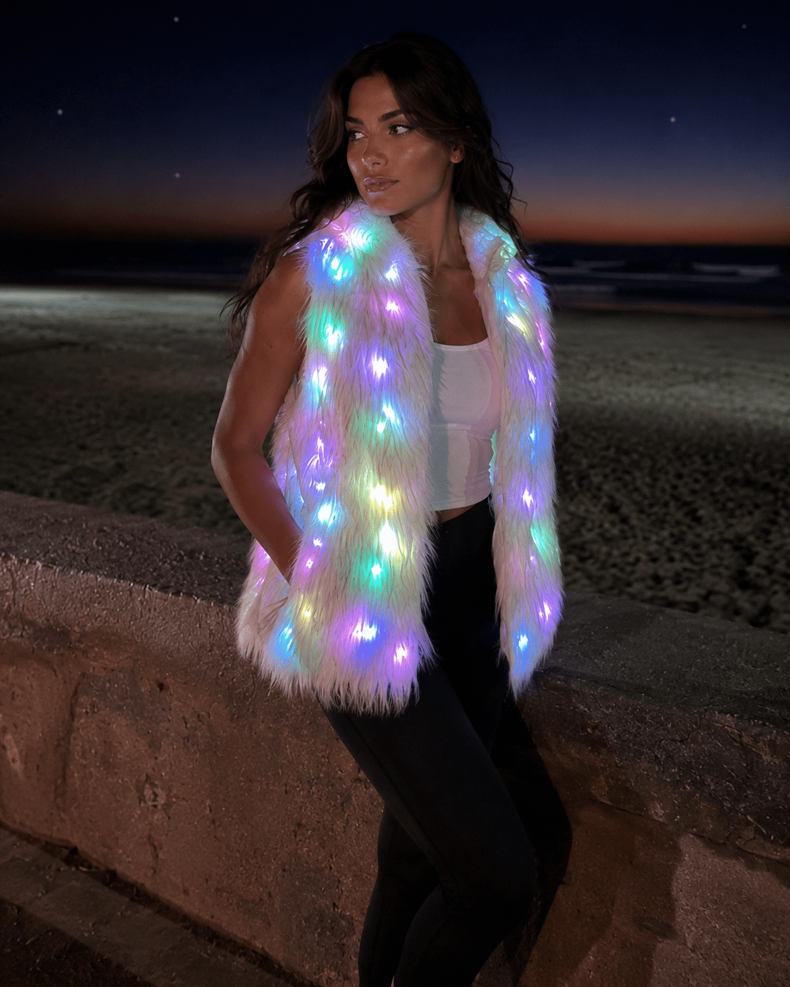 White Faux Fur Glow Vest, featuring cutting - edge Smart LED Lights - Glo Getterz - glowing_jackey - faux_fur_coat