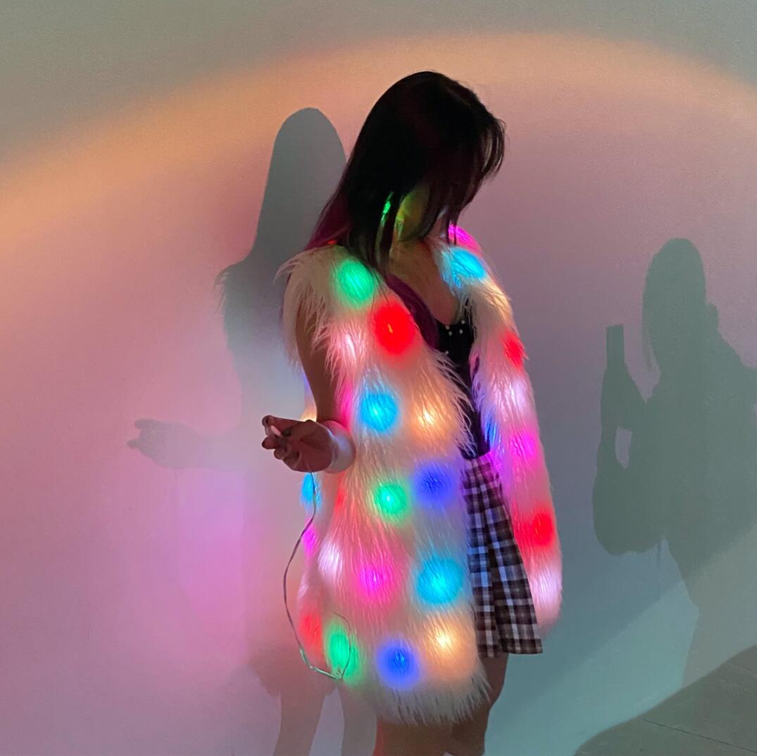 White Faux Fur Glow Vest, featuring cutting - edge Smart LED Lights - Glo Getterz - glowing_jackey - faux_fur_coat