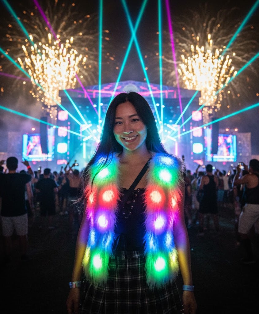 White Faux Fur Glow Vest, featuring cutting - edge Smart LED Lights - Glo Getterz - glowing_jackey - faux_fur_coat