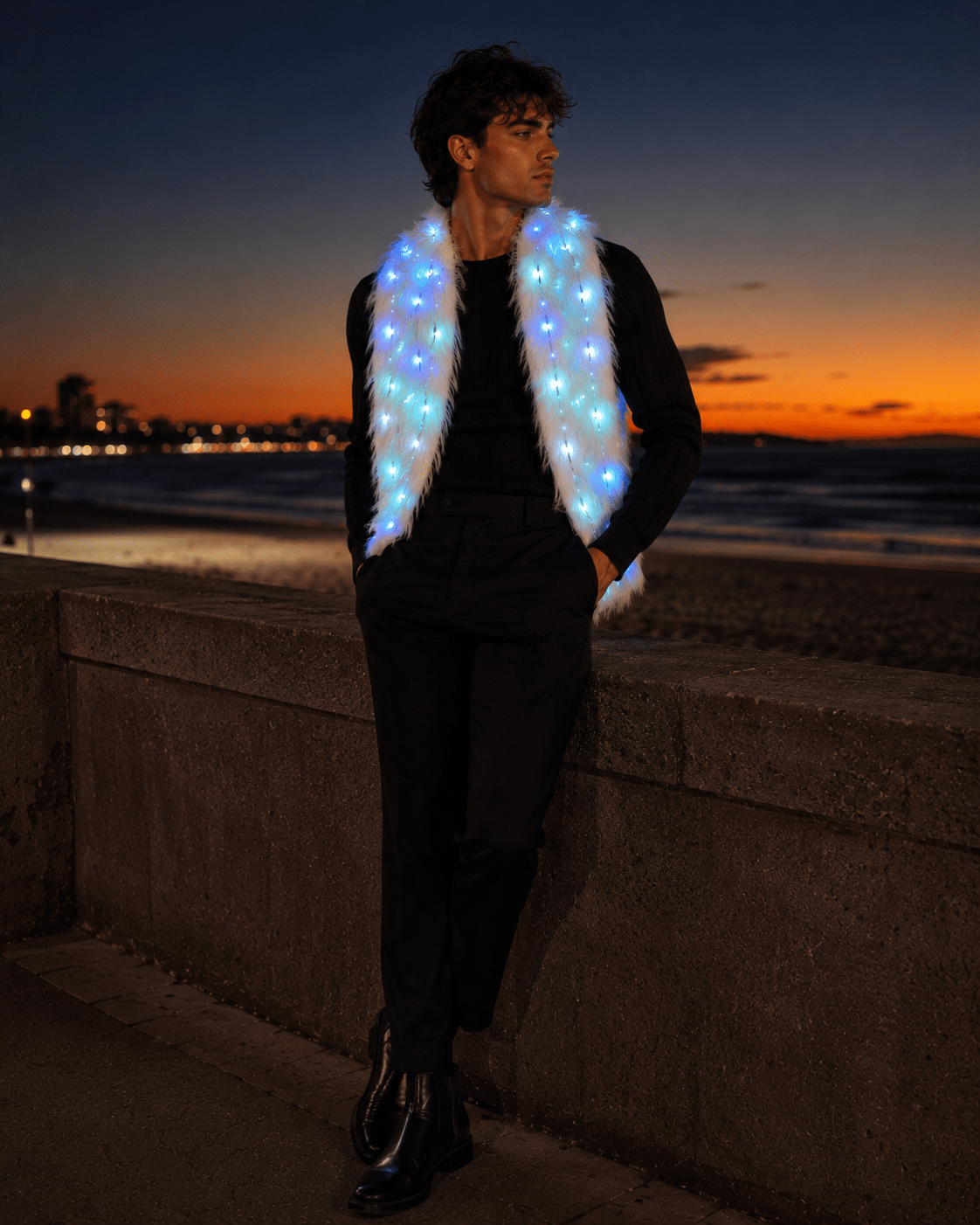 White Faux Fur Glow Vest, featuring cutting - edge Smart LED Lights - Glo Getterz - glowing_jackey - faux_fur_coat